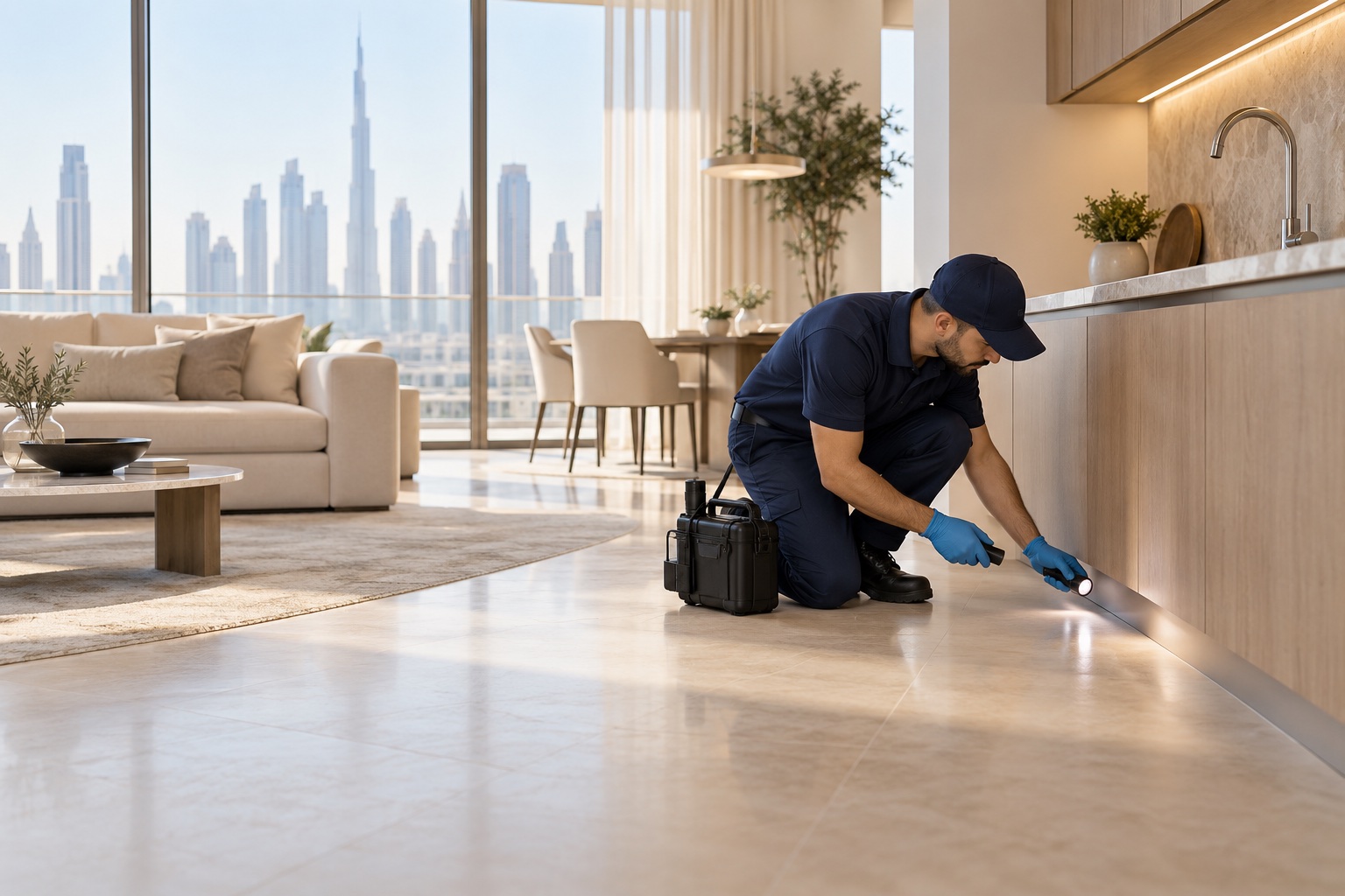 Pest control Dubai Pest control professional inspecting a Dubai apartment