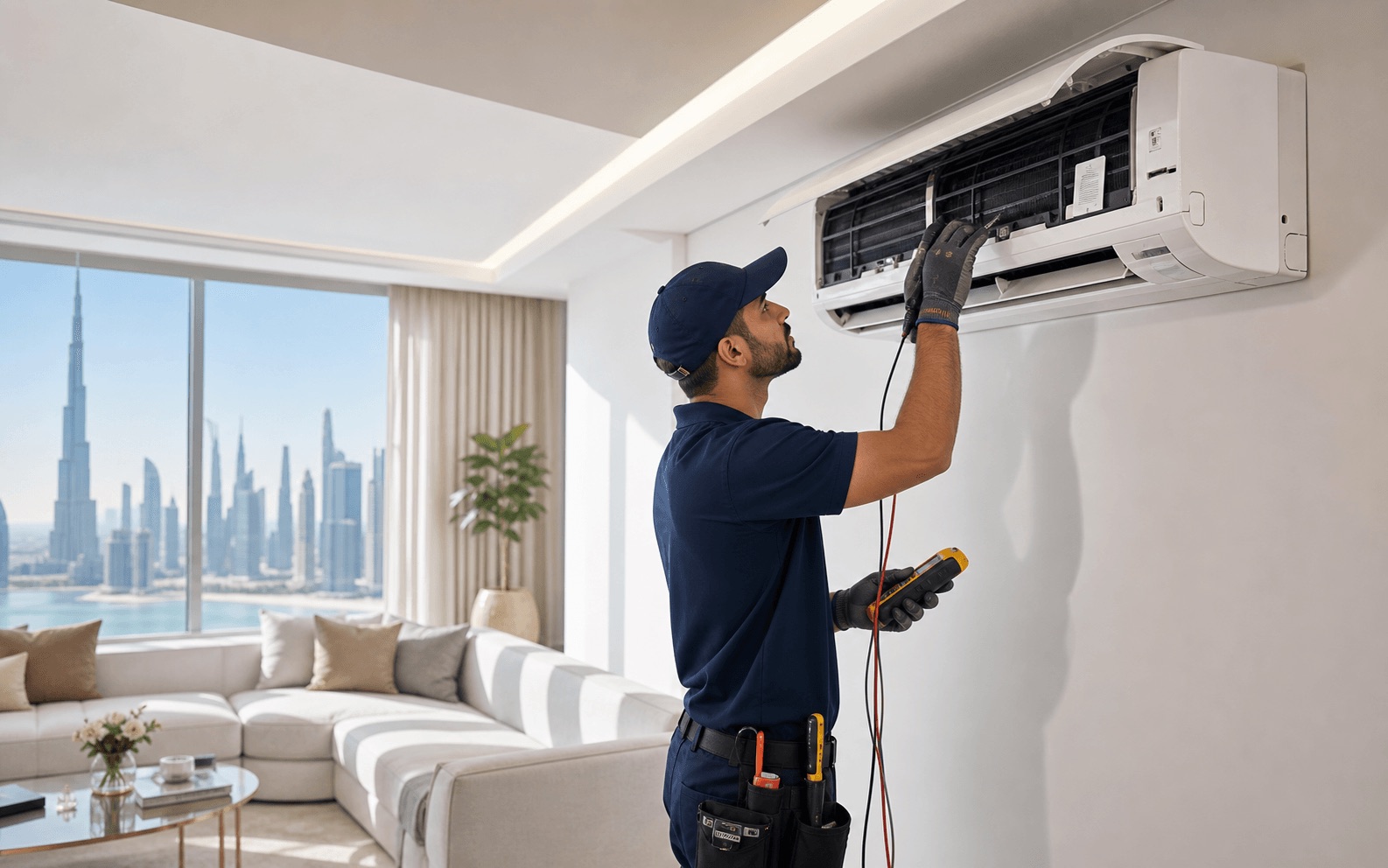AC repair Dubai AC repair technician working in a Dubai home