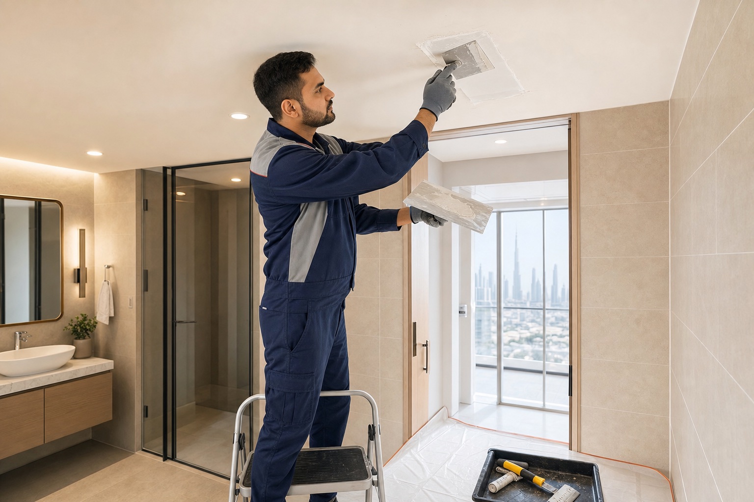 Gypsum ceiling cutting and repair Dubai Technician repairing and painting a gypsum ceiling opening after water heater replacement in Dubai