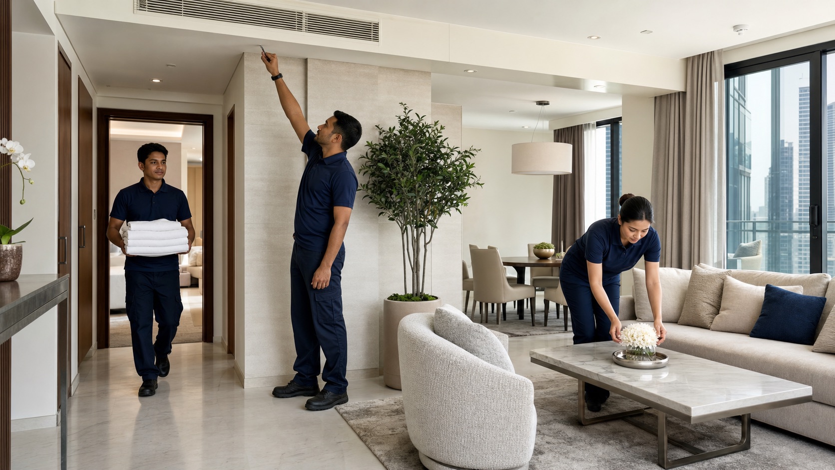 All in-house holiday home services Dubai Cleaning, linen and maintenance team working in a luxury Dubai holiday home