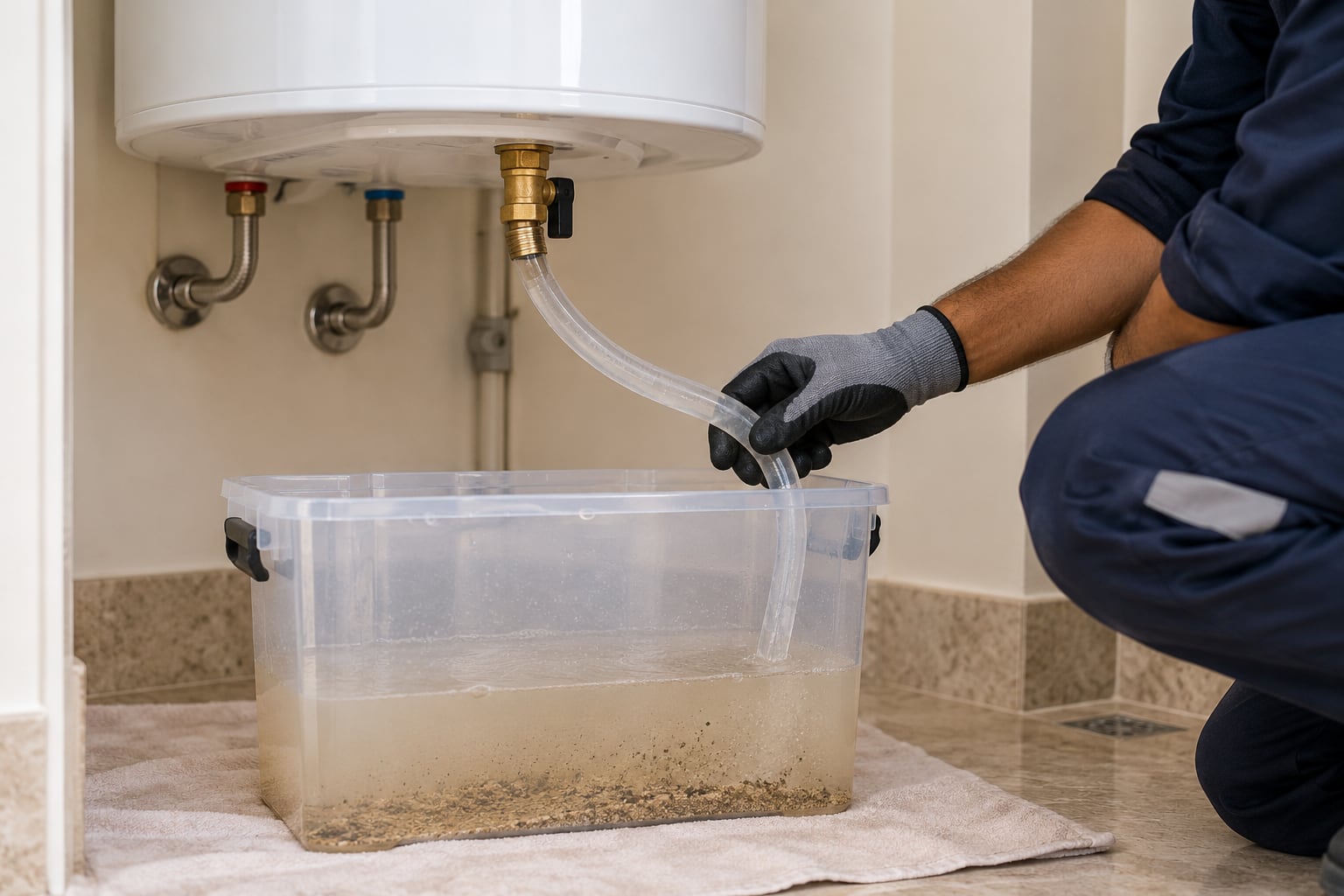 Water heater drain hose carrying sediment into a collection container during a maintenance flush
