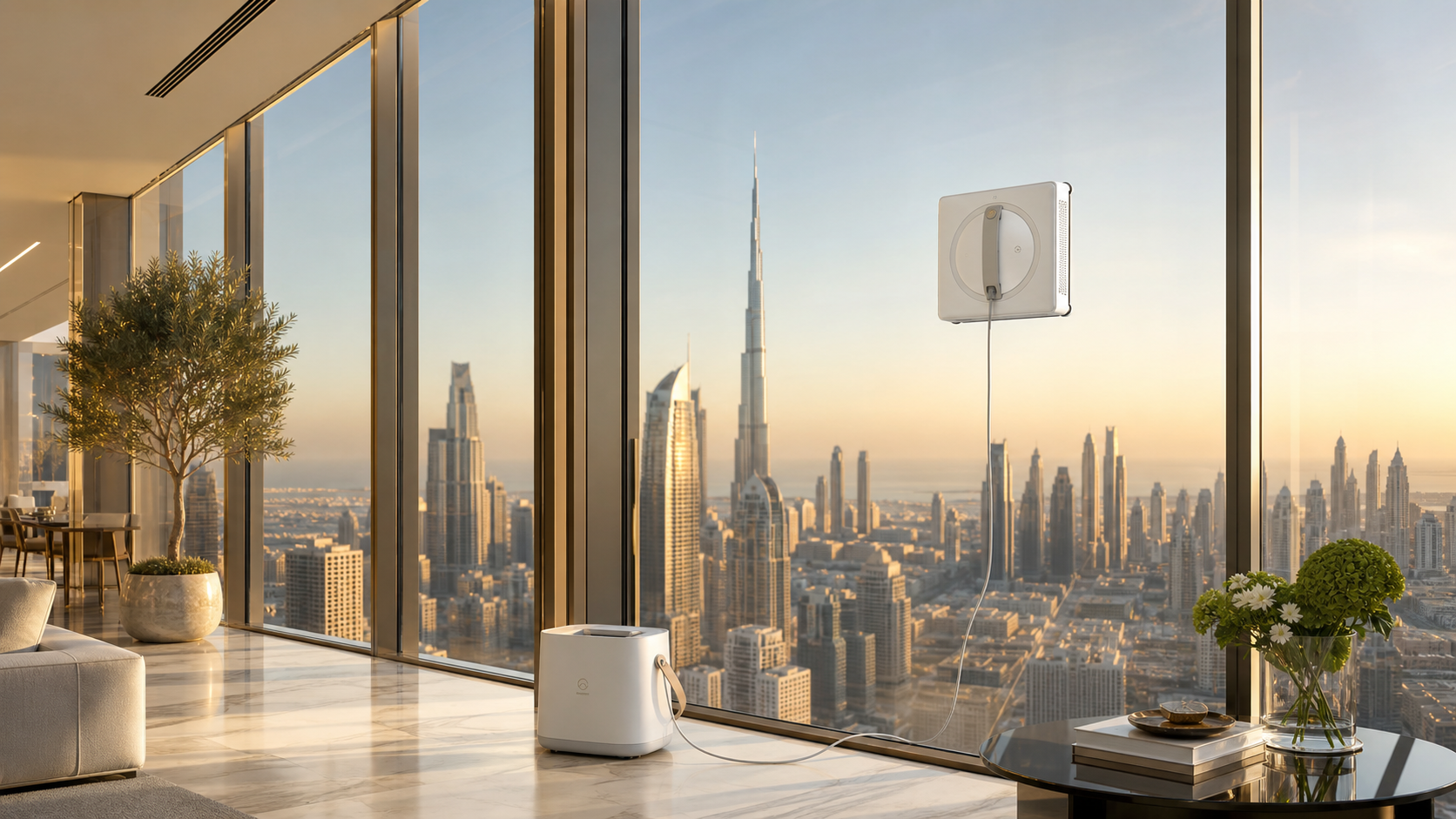 Robot window cleaning for large windows in Dubai WINBOT W2 robotic window cleaner working on floor-to-ceiling glass in a luxury Dubai apartment
